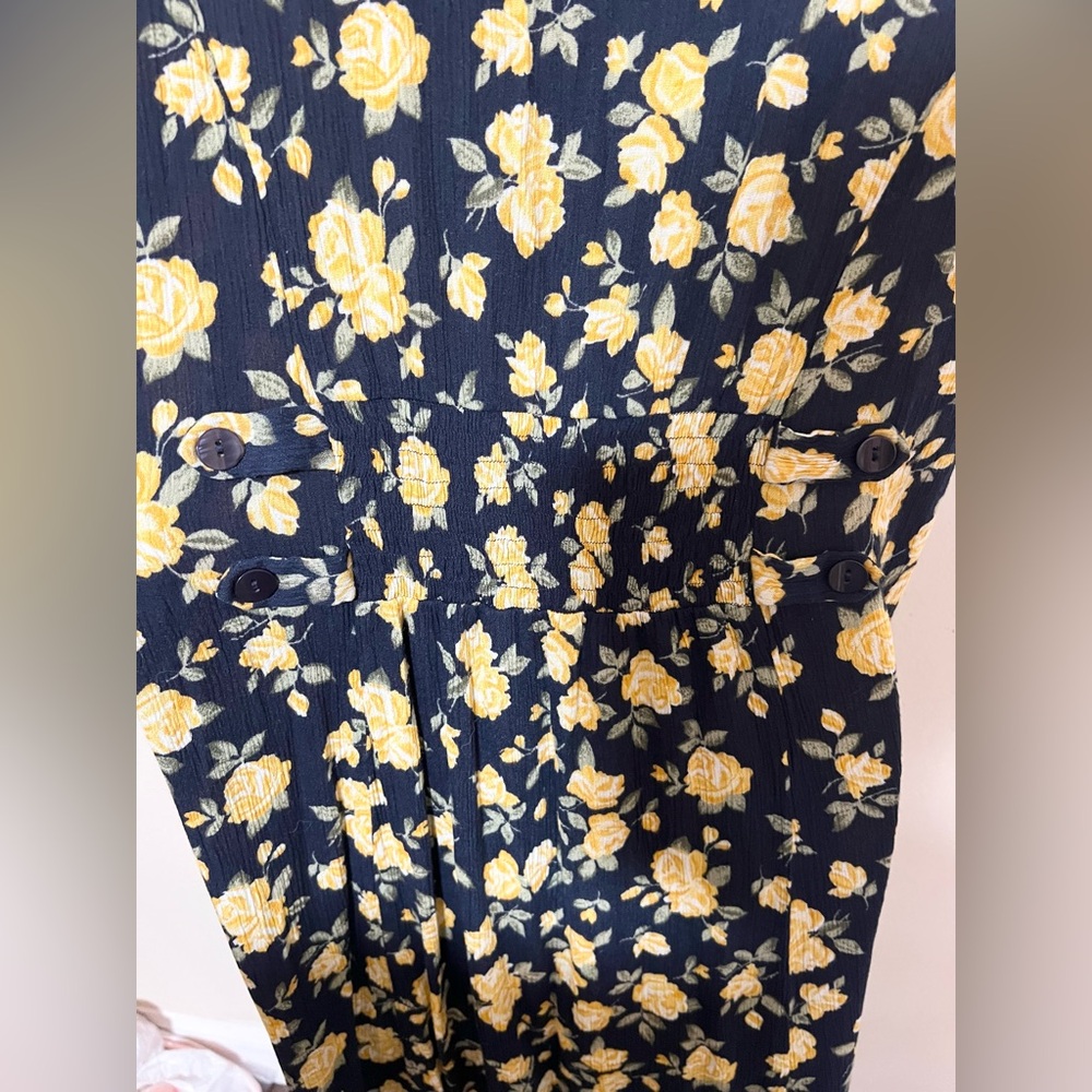 Vintage Fashion Bug 16 Maxi Shirt Dress Collar Button Navy Yellow Floral Women - Picture 7 of 12